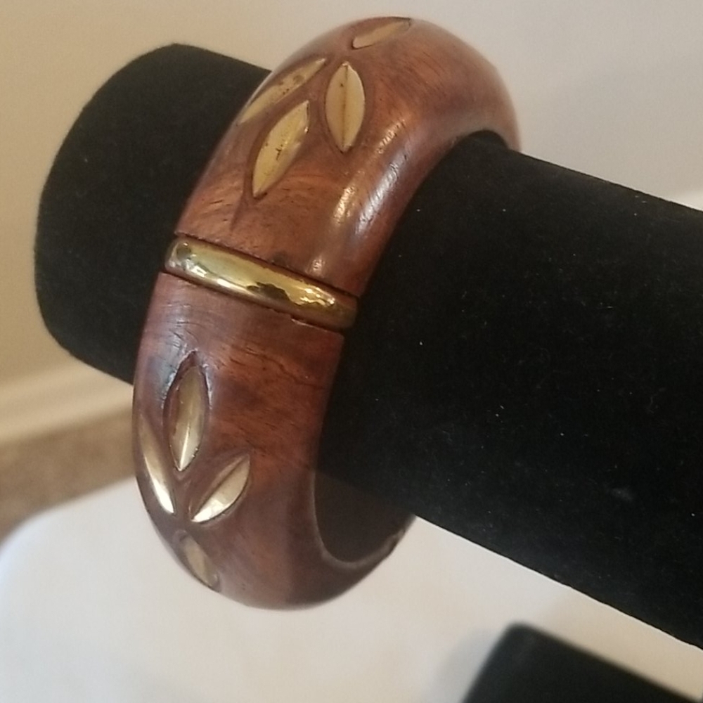 WOODEN AND BRASS Folk Art Prarie Style Bangle Cuff Bracelet